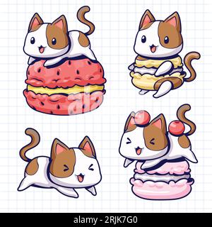 Mignon chat Kawaii dessiné à la main, chien, hamburger, macaron, croissant, macaron français Illustration de Vecteur