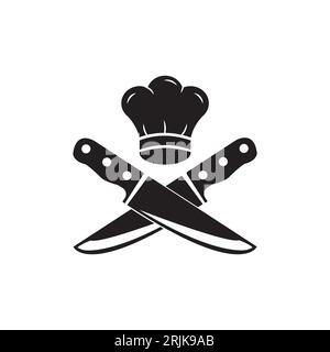 Logo du chef avec des icônes de chapeau et de couteaux du chef. Logo vintage cuisine. Logo du modèle de cours de cuisine. Étiquette, badge pour studio de restauration, cours de cuisine, culina Illustration de Vecteur