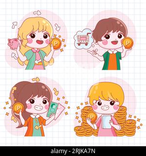 Mignon garçon et fille de dessin animé avec des icônes de shopping. Illustration vectorielle. Illustration de Vecteur