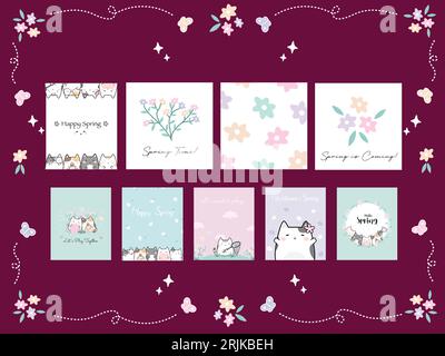 Définir autocollant mignon chat fond de dessin animé Illustration de Vecteur