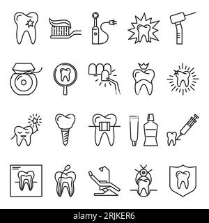 Jeu d'icônes Stomatologie et orthodontie dans le style des lignes fines. Symboles de soins et de traitement dentaires isolés sur fond blanc. Illustration vectorielle. Illustration de Vecteur