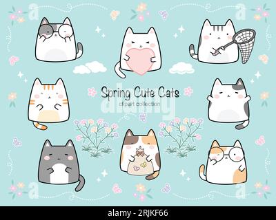 Définir autocollant mignon chat fond de dessin animé Illustration de Vecteur