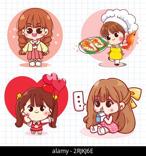 Jolie fille de dessin animé avec différentes expressions faciales définies. Illustration vectorielle. Illustration de Vecteur