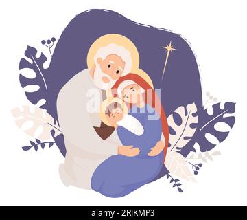 Joyeux Noël. Sainte famille. Vierge Marie et Joseph et bébé Jésus Christ. Naissance de Sauveur. Illustration vectorielle dans un style plat pour la conception de vacances, déc Illustration de Vecteur