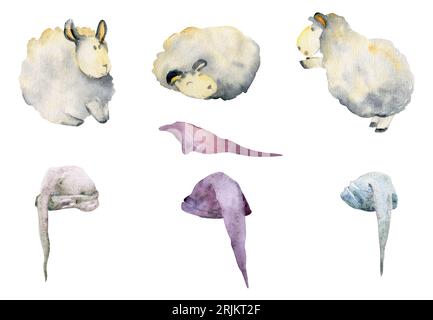 Illustration dessinée à la main à l'aquarelle, mignon mignon magique bébés moutons en peluche, chapeaux de couchage, personnage de jouet de bande dessinée. Objet unique isolé sur blanc Banque D'Images