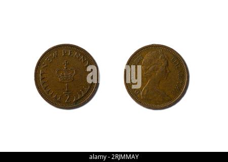 Une pièce britannique de 1971 d'un demi-penny avec un portrait de la reine Elizabeth II Banque D'Images