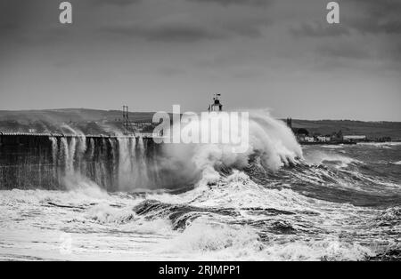 D'énormes vagues s'écrasent dans le port de Newlyn certaines atteignant aussi haut et au-dessus du phare qui se trouve sur le mur du port. Newlyn, Cornwall, Royaume-Uni Banque D'Images