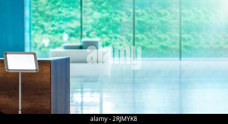 Hotel or office building lobby blur background banquet hall interior view of luxurious foyer of empty space and glass wall window, reception hall Stock Photo