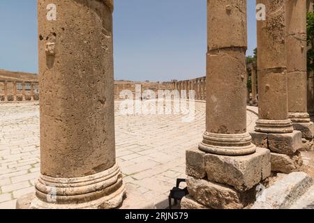 View of the Oval Forum from the surrounding columns. Ancient city of Greco-Roman Gerasa (Jerash) in northern Jordan Stock Photo