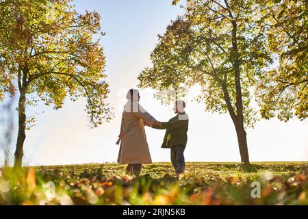 silhouette de la mère et de l'enfant tenant la main dans le parc d'automne, la saison d'automne, le lien et l'amour Banque D'Images