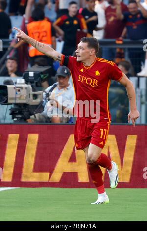 Rome, Italie, 20 août 2023. Andrea Belotti, de L’AS Roma, célèbre pendant la Serie italienne Un match de championnat de football entre Roma et Salernitana au Stade Olympique Banque D'Images