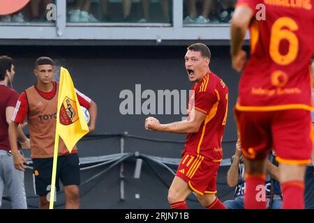 Rome, Italie, 20 août 2023. Andrea Belotti, de L’AS Roma, célèbre pendant la Serie italienne Un match de championnat de football entre Roma et Salernitana au Stade Olympique Banque D'Images