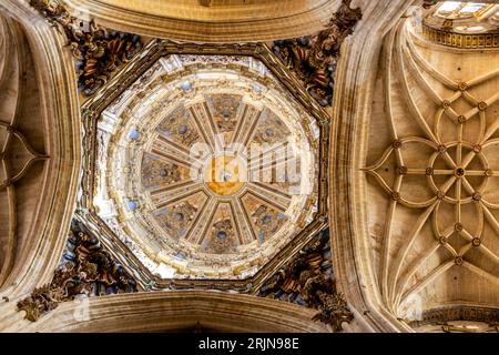 Salamanca, Spain, 06.10.21. Richly decotated baroque dome and stone vaults in New Cathedral (Catedral Nueva) in Salamanca, with colorful paintings. Stock Photo