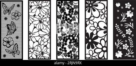 Ensemble de panneau découpé au laser avec motif floral.Borders, clôture, modèles découpés à l'écran Illustration de Vecteur