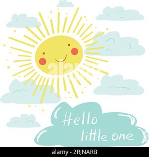 Carte de vœux Hello Little One. Lettrage et soleil heureux. Pour célébrer un accouchement, un anniversaire, une grossesse et une douche de bébé Illustration de Vecteur