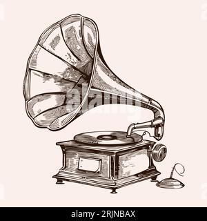 Esquisse de gramophone musical rétro dessinée à la main dans le style comique Vector Illustration de Vecteur