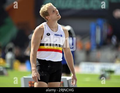 Budapest, Hongrie. 23 août 2023. Le Belge Ben Broeders réagit lors des qualifications masculines du saut à la perche aux Championnats du monde d'athlétisme à Budapest, Hongrie, le mercredi 23 août 2023. Les mondiaux se déroulent du 19 au 27 août 2023. BELGA PHOTO ERIC LALMAND crédit : Belga News Agency/Alamy Live News Banque D'Images