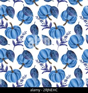 Citrouille bleue et feuilles. Modèle sans couture pour halloween et ésotérique isolé sur fond blanc. Conception pour le papier d'emballage, les textiles, les tissus, la couverture Banque D'Images