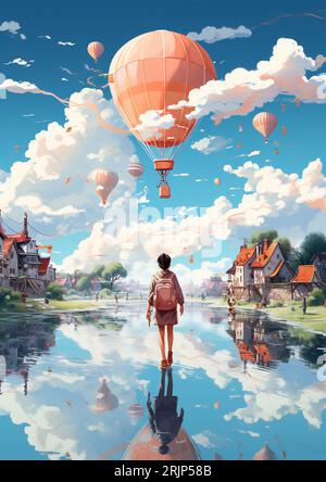 Un homme debout dans un vaste paysage extérieur est entouré par un beau ciel, un océan et des nuages avec quelques ballons à air flottant dans le ciel Banque D'Images