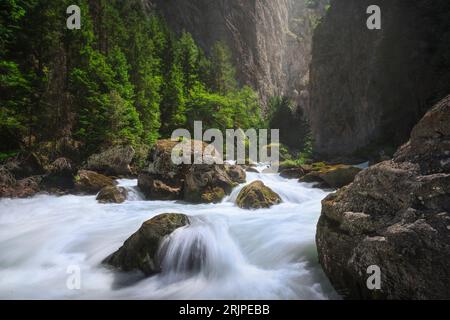 Le ruisseau dans l'Orrido du pré Saint Didier, une vue en été sur ce ravin profond de la vallée d'Aoste. Italie. Banque D'Images