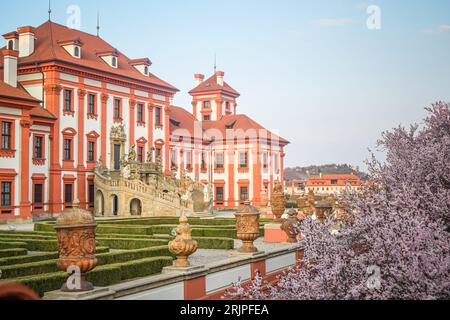 Staircase of Troja Castle from the left and sakura tree, Prague, Czech Republic Stock Photo