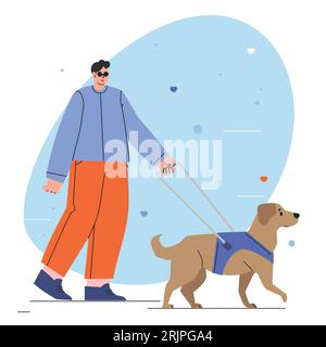 Homme avec un chien-guide marchant.personne ayant une déficience visuelle ou une personne aveugle avec Seeing-Eye labrador.Journée mondiale des personnes handicapées. Personnes handicapées Illustration de Vecteur