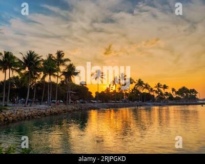 Une plage idyllique avec un coucher de soleil vibrant sur les palmiers sur le rivage Banque D'Images