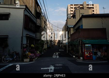Une scène de rue animée de Tokyo, au Japon, avec des maisons traditionnelles et des devantures de magasins le long du paysage urbain coloré Banque D'Images