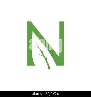 Image vectorielle de la nature du logo de la lettre n feuille initiale. N LOGO lettre avec logo espace négatif feuille logo simple Illustration de Vecteur