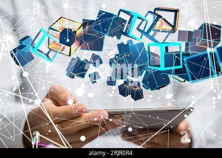 Une personne tenant un téléphone autour d'un hologramme avec des cubes bleus abstraits flottant au-dessus Banque D'Images