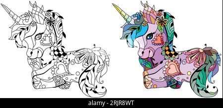 Licorne style zentangle. Peut être utilisé pour l'impression sur t-shirt, papier peint ou affiche. Jeu de couleurs et de contours Illustration de Vecteur