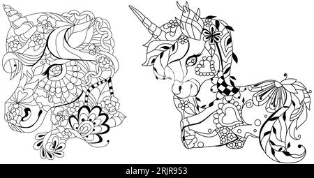 Licornes style zentangle. Peut être utilisé pour l'impression sur t-shirt, papier peint ou affiche. Illustration de Vecteur