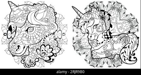 Licornes zentangle stylisées sur mandalas. Peut être utilisé pour l'impression sur t-shirt, papier peint ou affiche. Illustration de Vecteur