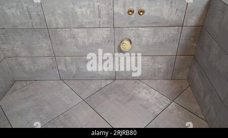 Matériaux pour la rénovation domiciliaire. Finition des travaux dans la maison, pose de carreaux sur le sol. Carreaux de céramique sur le sol et sur le mur dans la salle de bain Banque D'Images