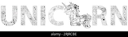 Design artistique peint à la main. Illustration mot licorne pour la conception de t-shirt, tatouage et autres décorations Illustration de Vecteur
