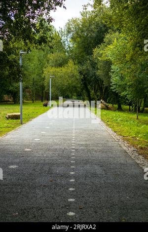 Une scène idyllique d'une route sinueuse à travers un parc verdoyant, conçu pour les cyclistes et les piétons Banque D'Images