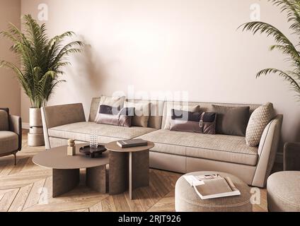 Intérieur coloré beige japonais avec canapé vert et plante. Salon rempli de scandi nature claire avec décor - moquette. maquette de rendu 3d. Elevé Banque D'Images