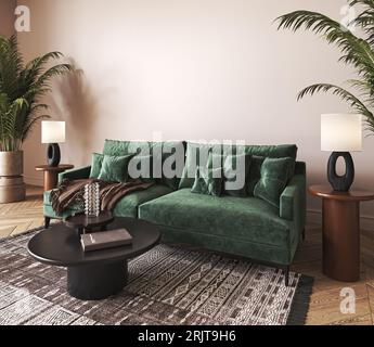 Intérieur coloré beige japonais avec canapé vert et plante. Salon rempli de scandi nature claire avec décor - moquette. maquette de rendu 3d. Elevé Banque D'Images
