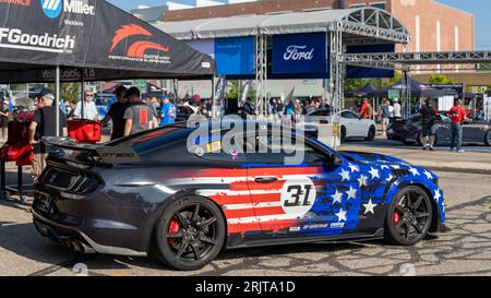 FERNDALE, MI/USA - AUGUST 16, 2023: A Ford Mustang GT 500 Holley NMRA Drag racecar, at Mustang Alley, on the Woodward Dream Cruise route. Stock Photo