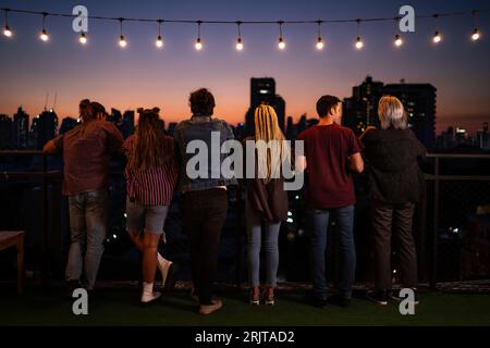 Amis debout sous les lumières de guirlande sur le toit Banque D'Images