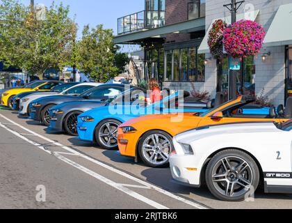 FERNDALE, MI/USA - 16 AOÛT 2023 : conducteur polir la voiture Ford Mustang, à Mustang Alley, sur la route Woodward Dream Cruise. Banque D'Images