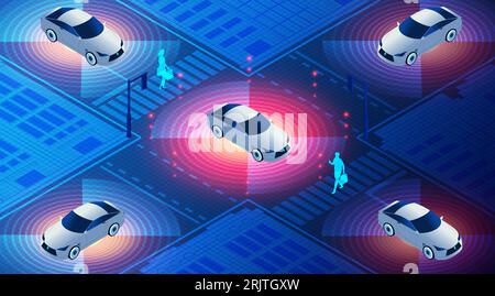 Voitures autonomes et assistance avancée à la conduite - véhicules capables de détecter leur environnement et de fonctionner sans intervention humaine - éclairage conceptuel Banque D'Images