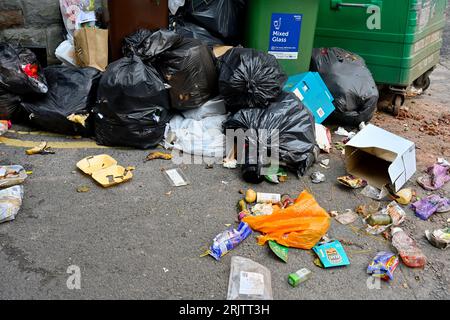 Déchets déversés à la mouche dans la rue à côté des bacs de collecte du conseil, manque de collecte en temps opportun, Royaume-Uni Banque D'Images