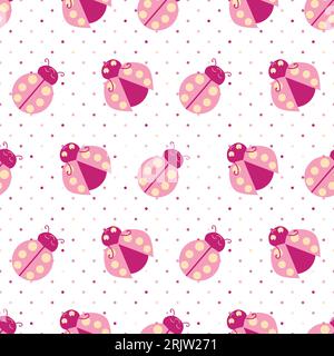 Fond de motif vectoriel sans couture rose mignon Ladybugs. Personnages de coccinelle en carton Kawaii sur fond à pois. Éparpillé sur tout l'imprimé pour l'été Illustration de Vecteur