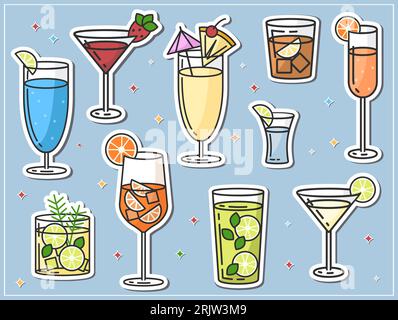 Autocollants cocktails alcoolisés style vectoriel plat Illustration de Vecteur