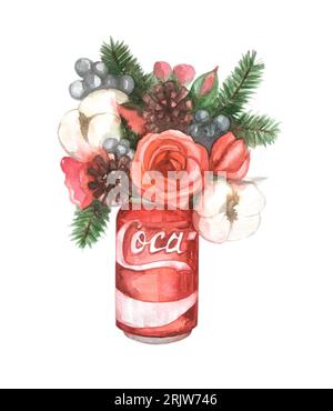 Aquarelle Noël et nouvel an couronne d'hiver d'épicéa, de pommes de pin et de baies de houx. Couronne de sapin de Noël avec baies rouges. Couronne de pin. Spruce ne Banque D'Images