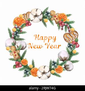 Aquarelle Noël et nouvel an couronne d'hiver d'épicéa, de pommes de pin et de baies de houx. Couronne de sapin de Noël avec baies rouges. Couronne de pin. Spruce ne Banque D'Images