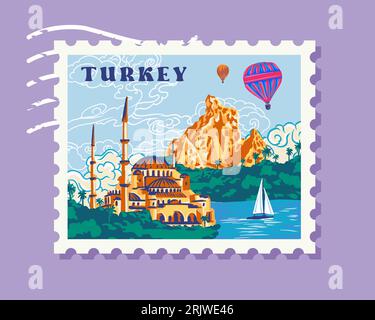 Timbre-poste Turquie, dessiné à la main, beau timbre de collection du pays asiatique, image de la Turquie dans l'architecture et le paysage Illustration de Vecteur