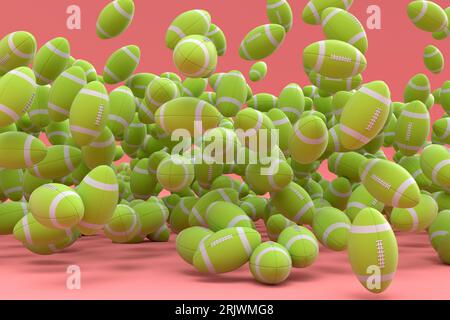 Many of flying green american football ball falling on pink background. 3d render of sport accessories for team playing games, exercise and competitio Stock Photo