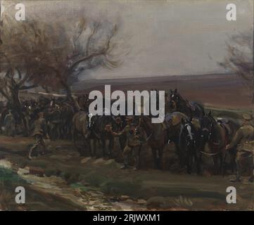 Les chevaux d'arrosage de la troupe noire et brune avant 1919 par Alfred Munnings Banque D'Images